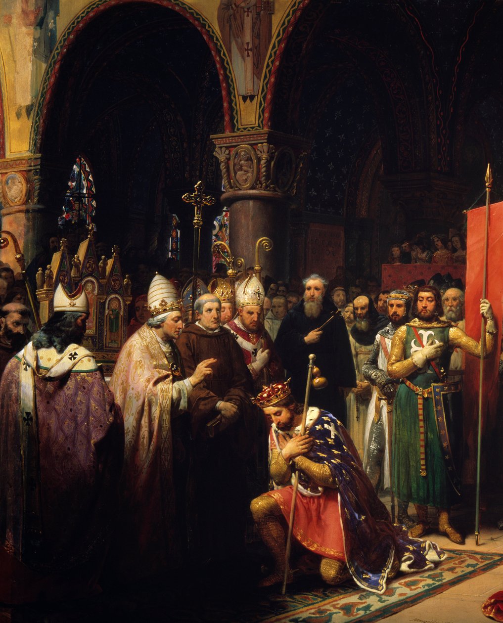 国王路易七世（1120-1180）在圣德尼大教堂（Saint Denis）当着阿基坦王后阿丽亚诺的面，接受了教皇尤金三世（？ -1153）在他离开之前从他手中接过的大黄蜂和佩兰的潘尼特。 作者 让·巴蒂斯特·毛泽西