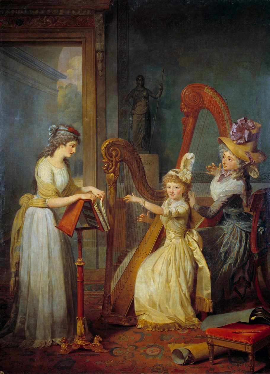 Stephanie Felicite Ducrest de Saint-Aubin，Genlis 伯爵夫人（称为 Madame de Genlis）（1746-1830 年）在 Saint Leu 城堡为奥尔良公爵的孩子们进行了一场竖琴讲座，由 Jean Baptiste Mauzaisse 绘制（1784-1844 年） 19世纪太阳。 2,4 作者 让·巴蒂斯特·毛泽西