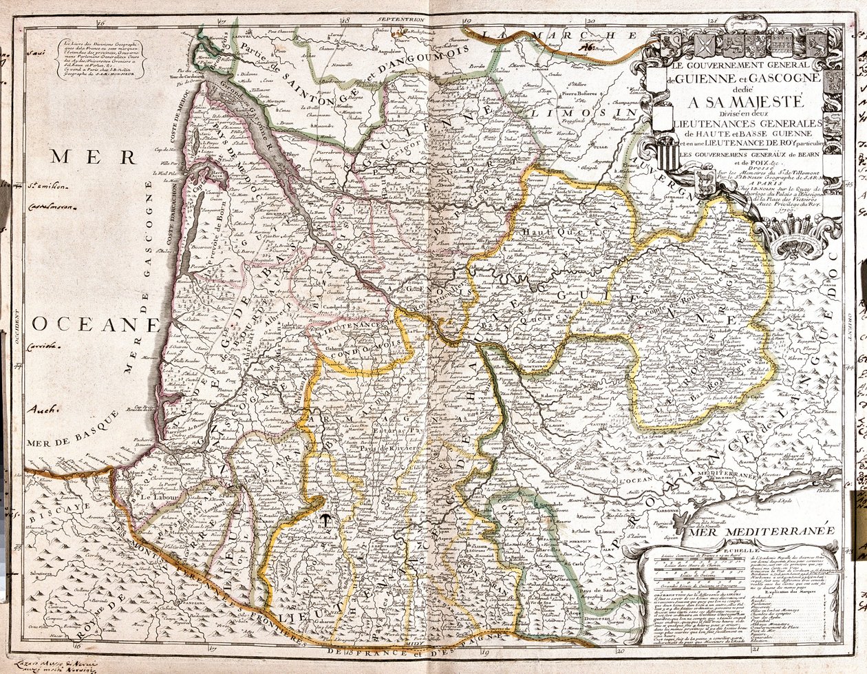 Guyenne 和 Gascogne 地图（法国西南部）（雕刻 作者 让·巴蒂斯特·诺林（Jean Baptiste Nolin）