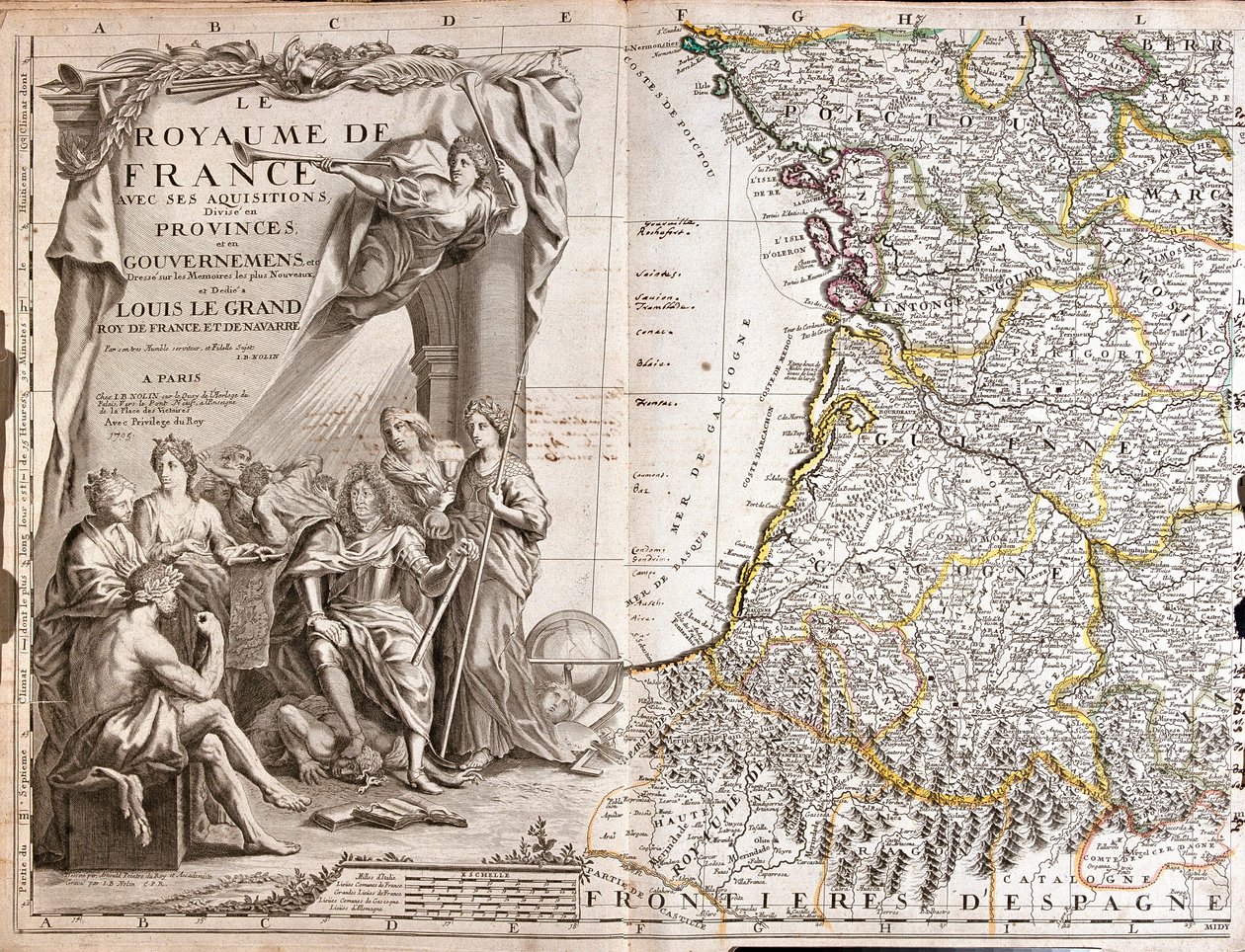Guyenne 和 Gascony 的地图，路易十四（1638-1715）的肖像被寓言人物包围 作者 让·巴蒂斯特·诺林（Jean Baptiste Nolin）