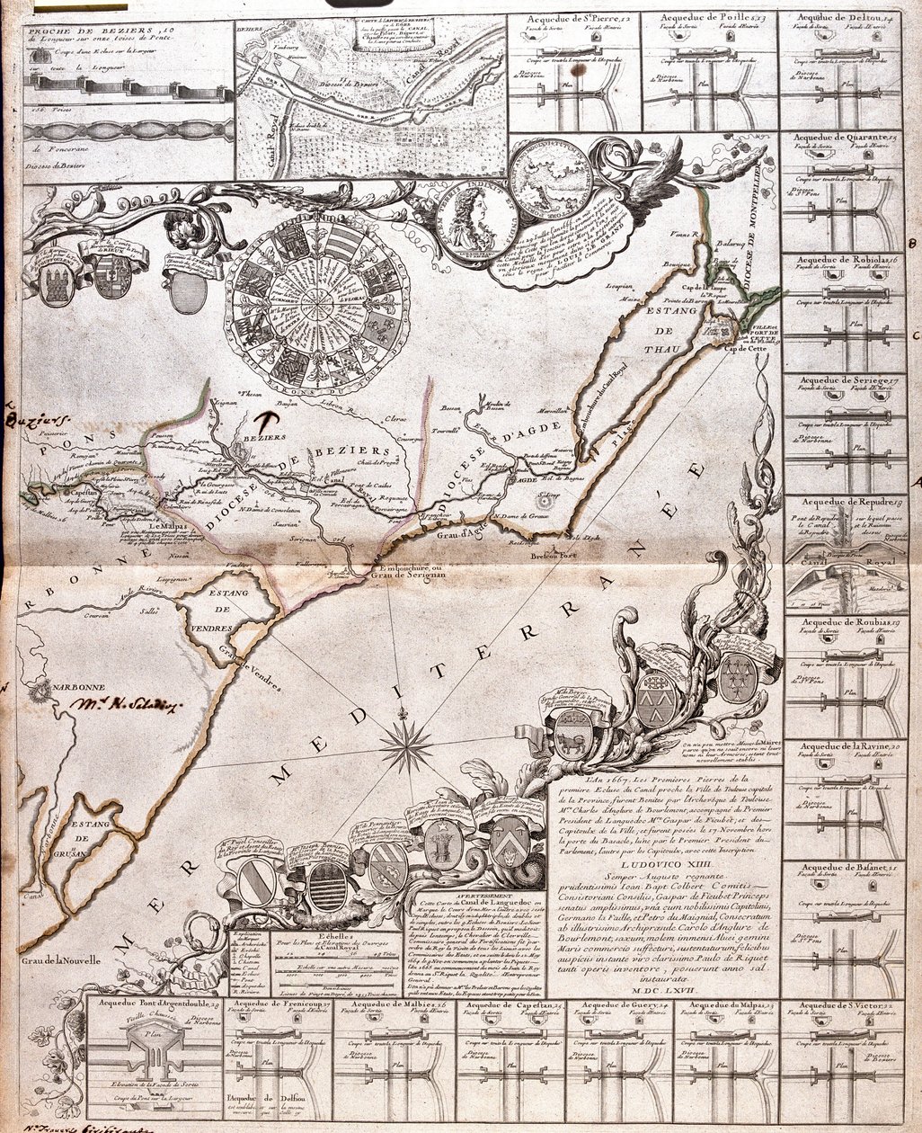 南运河地图及其渡槽（雕刻 作者 让·巴蒂斯特·诺林（Jean Baptiste Nolin）