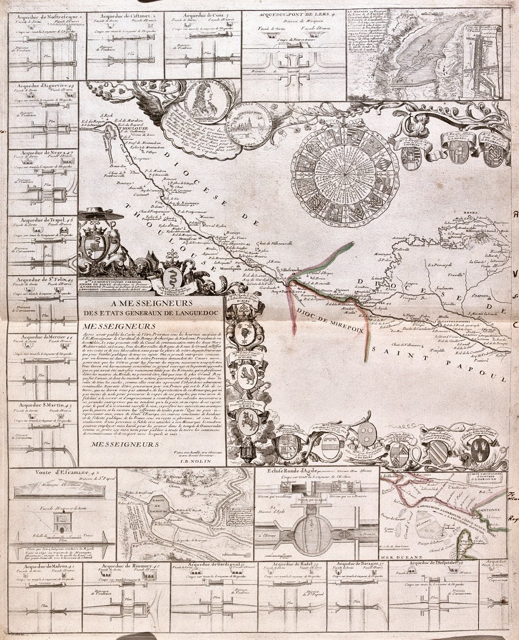 南运河地图及其渡槽（雕刻 作者 让·巴蒂斯特·诺林（Jean Baptiste Nolin）