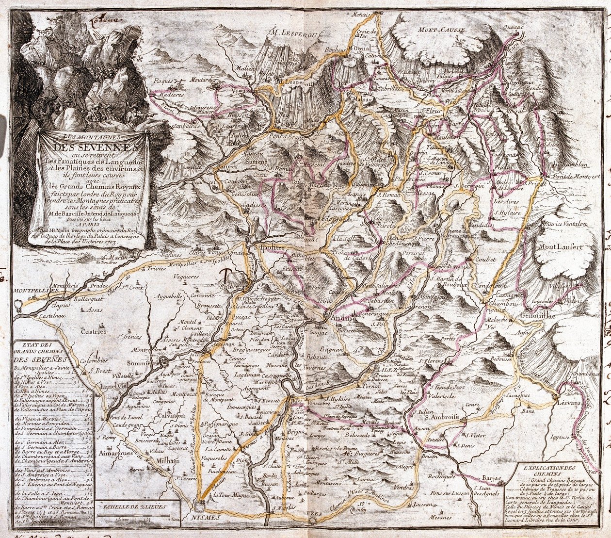 塞文山脉（法国）地图（雕刻 作者 让·巴蒂斯特·诺林（Jean Baptiste Nolin）