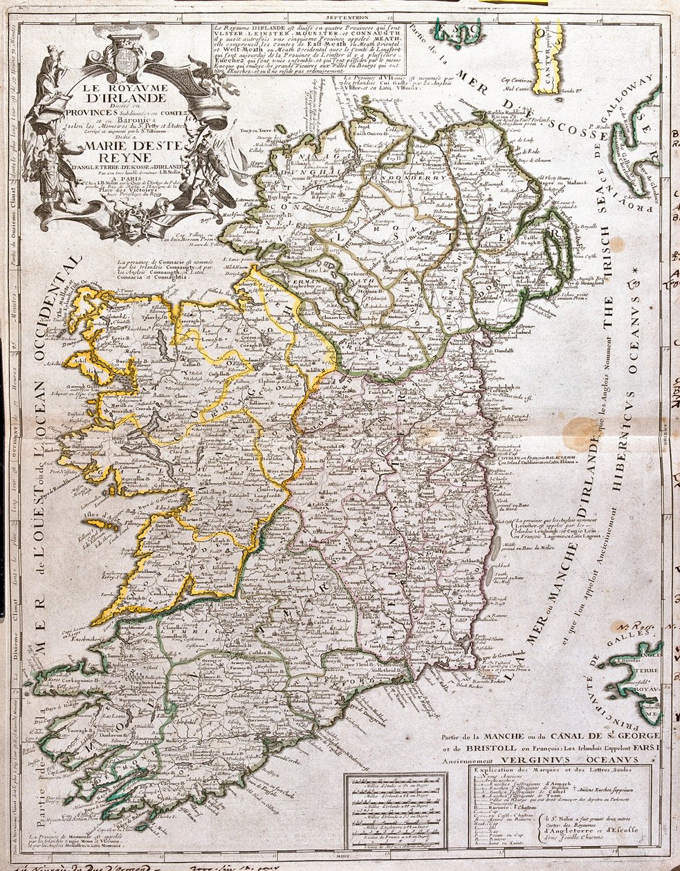爱尔兰王国地图，玛丽·德·埃斯特 (1658-1718)，英格兰、苏格兰和爱尔兰女王的死因（雕刻 作者 让·巴蒂斯特·诺林（Jean Baptiste Nolin）