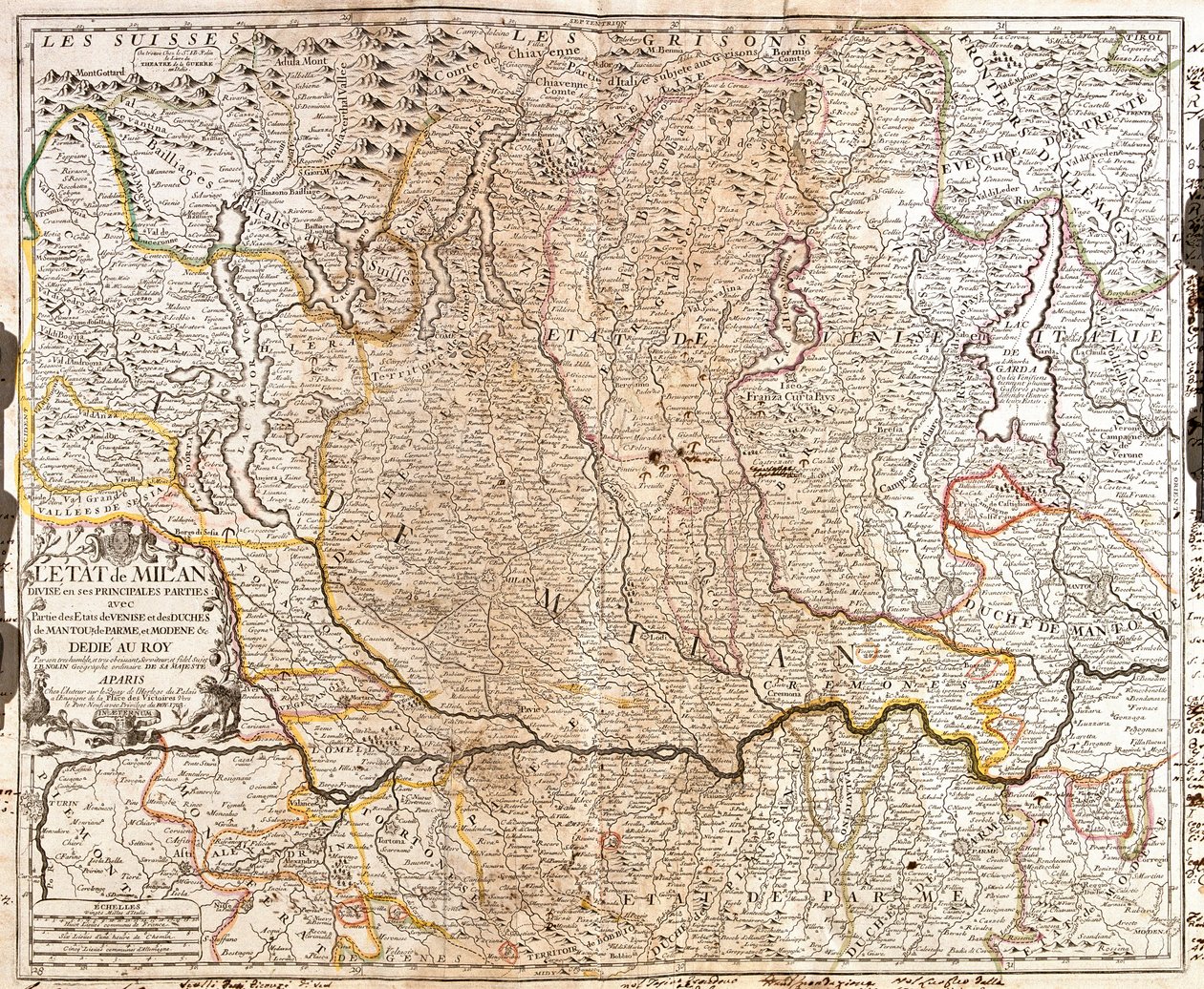 米兰 (意大利) 地区的地图 (雕刻 作者 让·巴蒂斯特·诺林（Jean Baptiste Nolin）