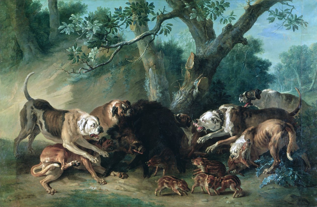 被狗袭击的野生母猪和幼崽 作者 让·巴蒂斯特·奥德里（Jean Baptiste Oudry）