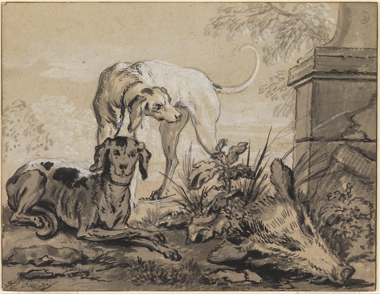 狩猎之后：野猪头旁的两只猎狗 作者 让·巴蒂斯特·奥德里（Jean Baptiste Oudry）