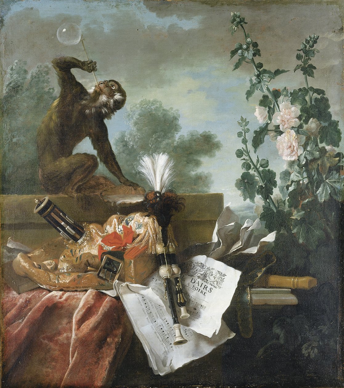 空气的寓言：静物画，猴子吹泡泡，小号，长笛和乐谱 作者 让·巴蒂斯特·奥德里（Jean Baptiste Oudry）
