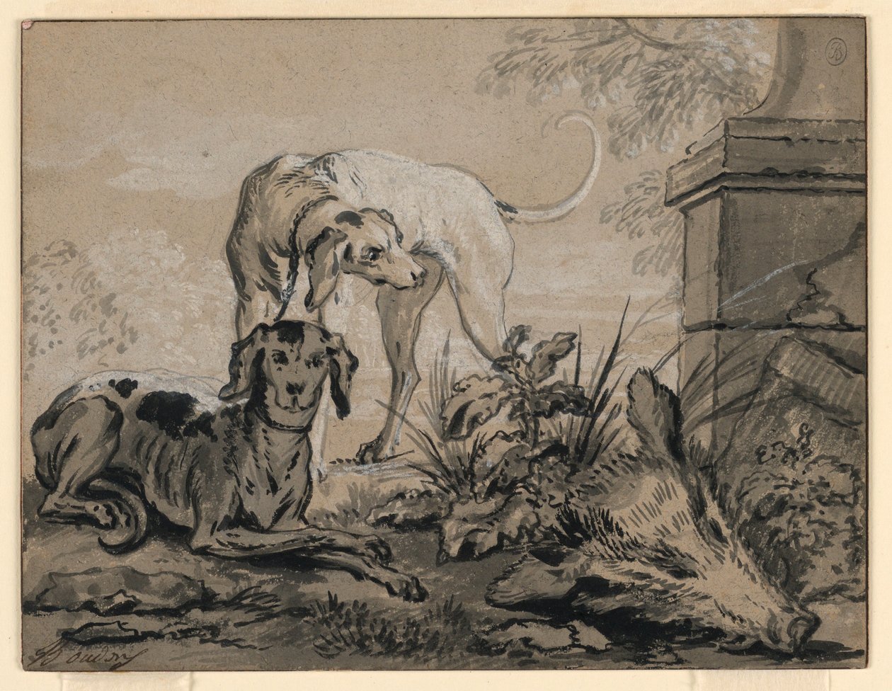 素描，《狩猎之后：野猪头旁的两只猎犬》，1740 年 作者 让·巴蒂斯特·奥德里（Jean Baptiste Oudry）