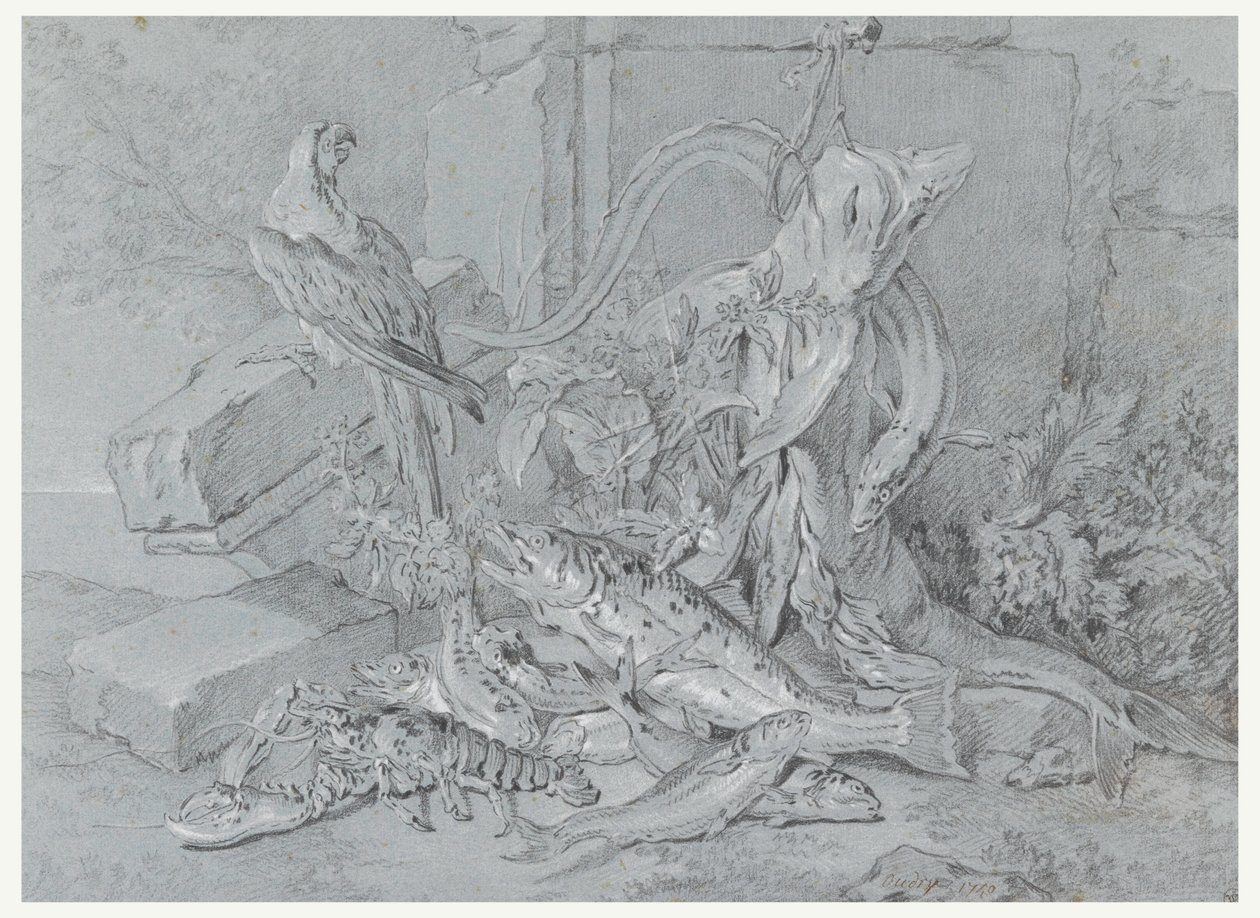 素描，有鱼和鹦鹉的静物，1740 年 作者 让·巴蒂斯特·奥德里（Jean Baptiste Oudry）