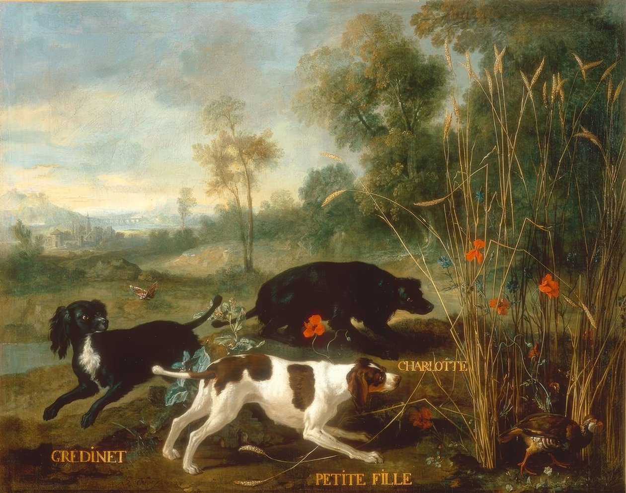 Gredinet，小女孩和夏洛特，娄的三只狗 作者 让·巴蒂斯特·奥德里（Jean Baptiste Oudry）