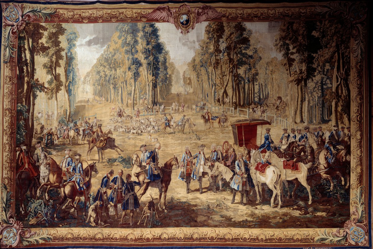 Hanging depicting the hunts of Louis XVI: the meeting at the crossroads of the King