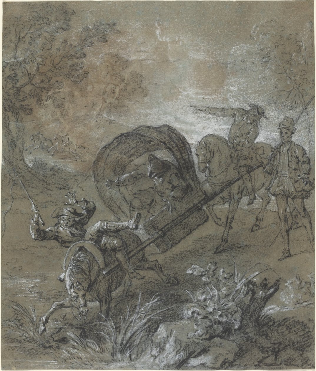 躺在担架上的La Rancune，在泥潭中被枪击。 作者 让·巴蒂斯特·奥德里（Jean Baptiste Oudry）
