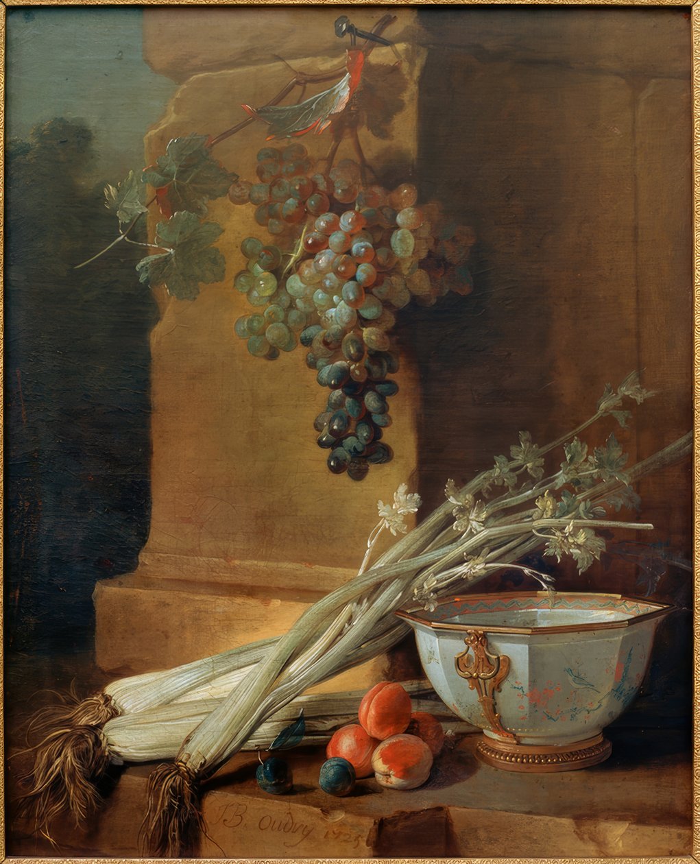 水果、芹菜和一碗粥的静物画 作者 让·巴蒂斯特·奥德里（Jean Baptiste Oudry）