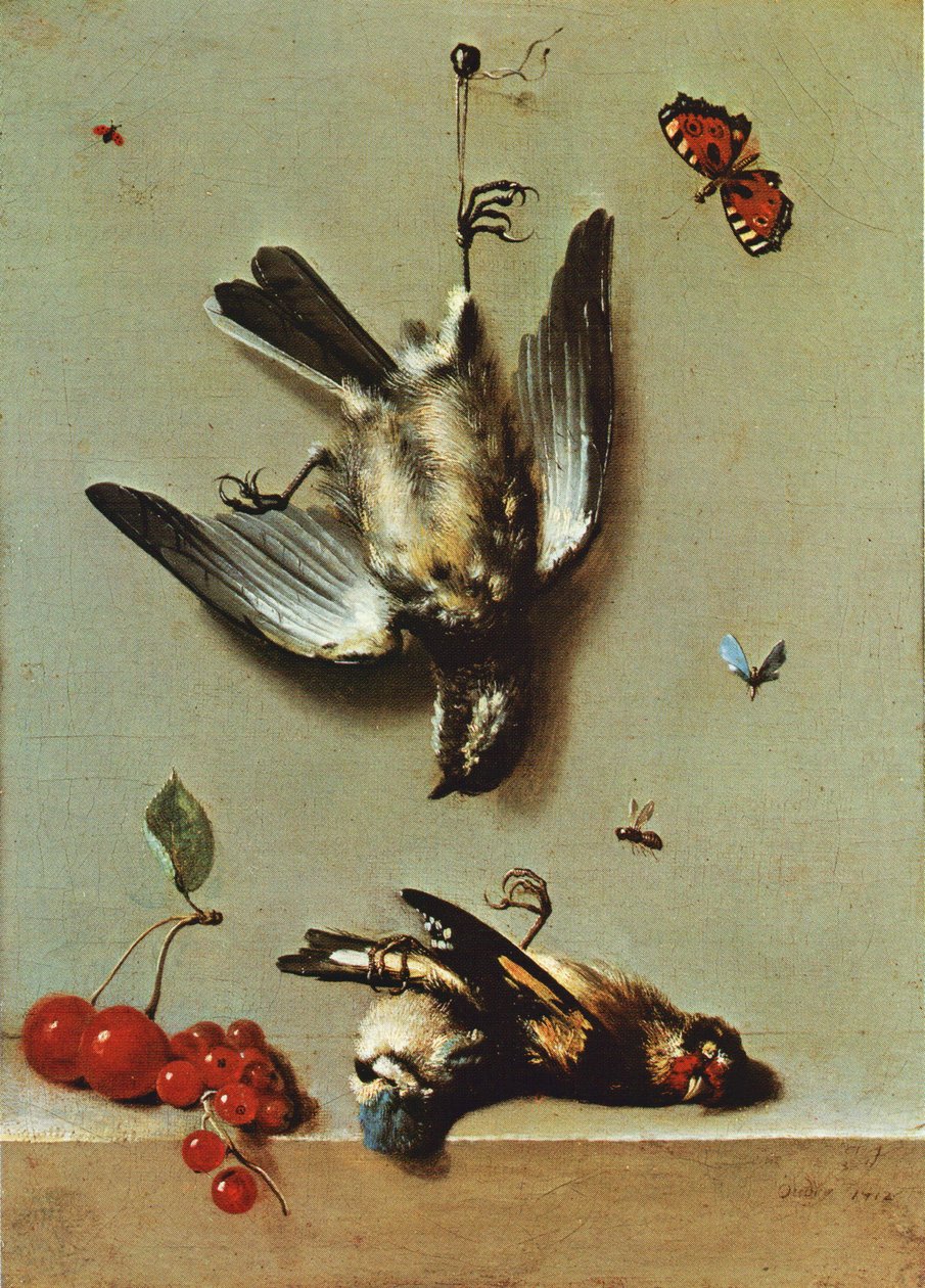 静物与三只死鸟，黑醋栗，樱桃和昆虫 作者 让·巴蒂斯特·奥德里（Jean Baptiste Oudry）