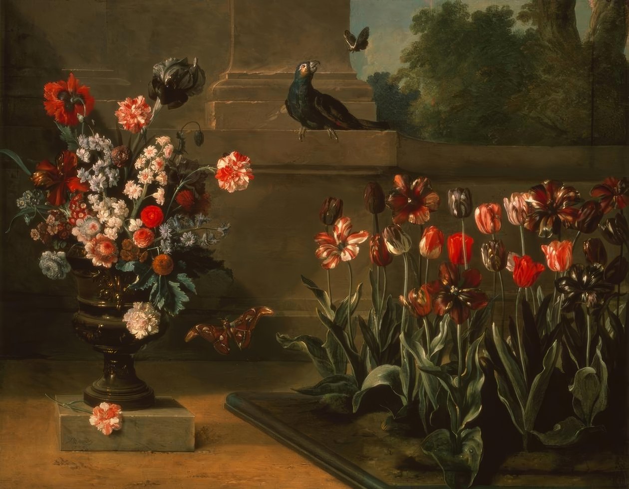 郁金香花床和花瓶在墙的脚下 作者 让·巴蒂斯特·奥德里（Jean Baptiste Oudry）