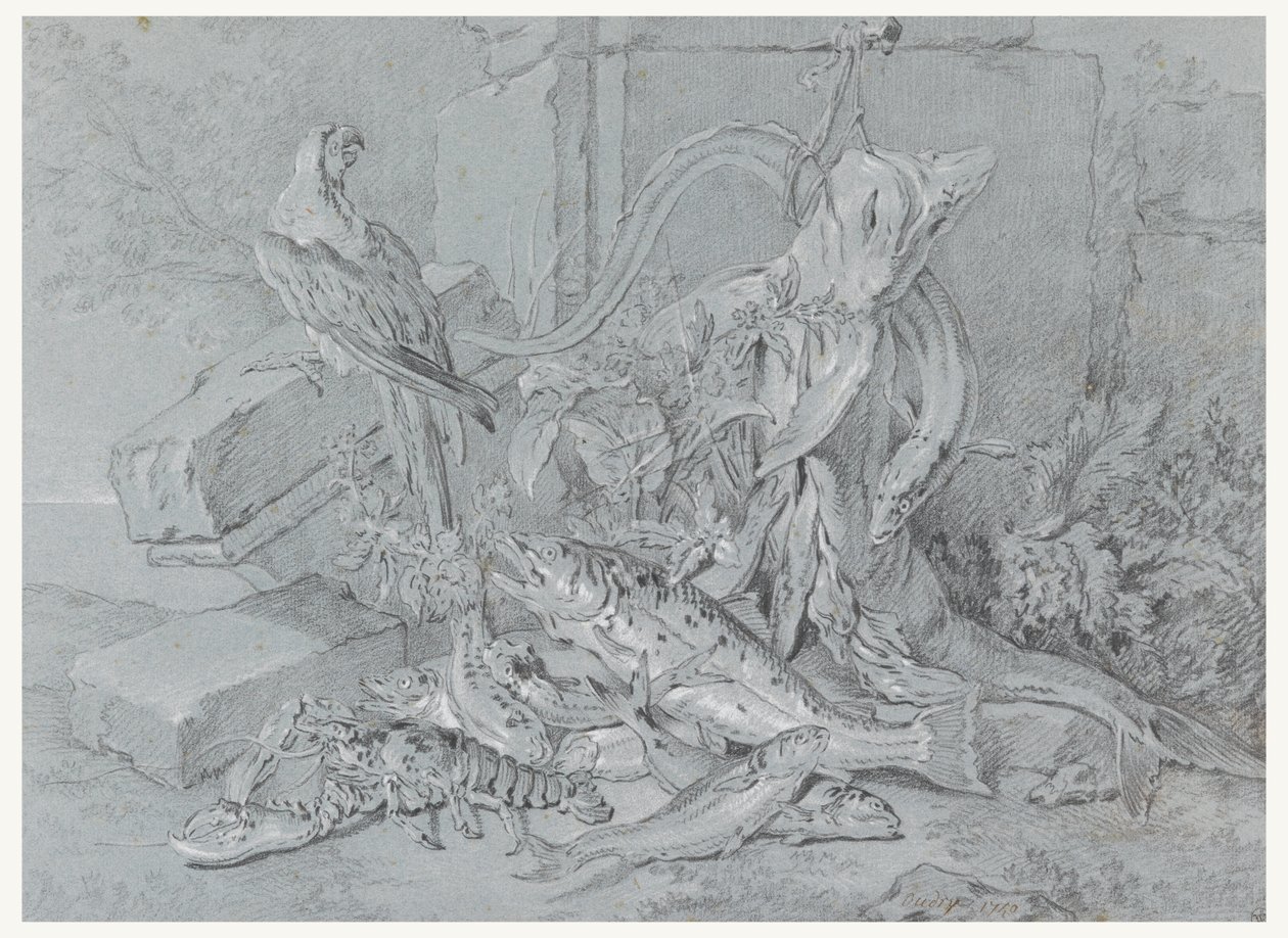 鱼和鹦鹉的静物画 作者 让·巴蒂斯特·奥德里（Jean Baptiste Oudry）