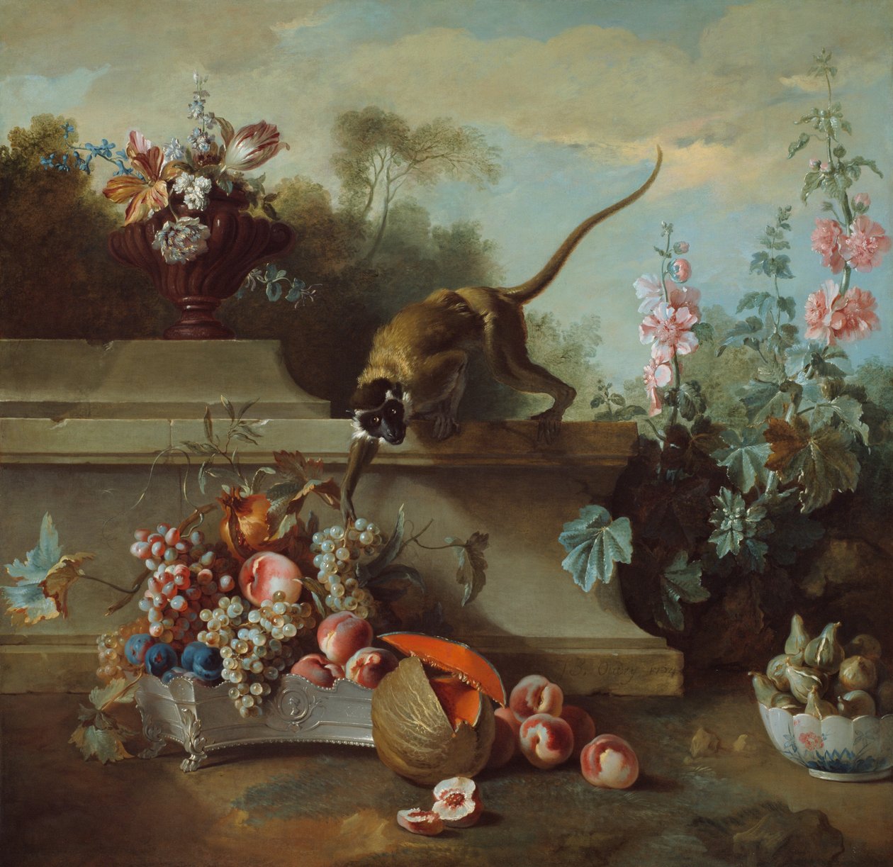 猴子、水果和花朵静物画 作者 让·巴蒂斯特·奥德里（Jean Baptiste Oudry）