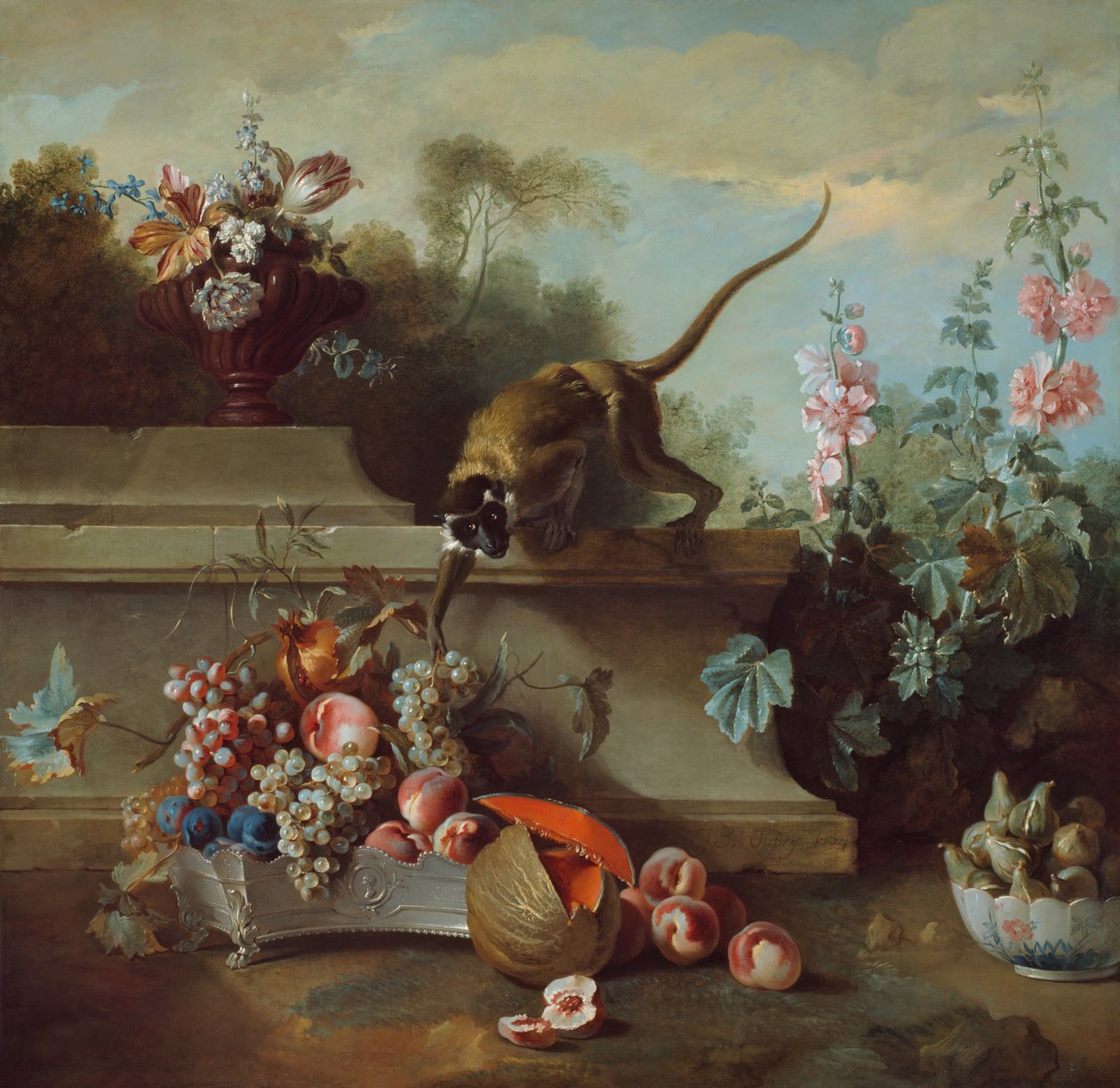 猴子、水果和鲜花的静物，1724年。 作者 让·巴蒂斯特·奥德里（Jean Baptiste Oudry）