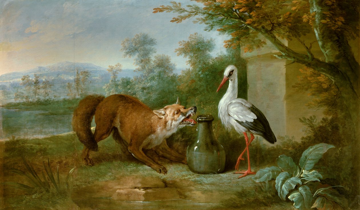 让·德拉封丹的寓言插图狐狸和鹳。 Jean Baptiste Oudry (1686-1755) 1751 年的画作。梅斯，美术博物馆 作者 让·巴蒂斯特·奥德里（Jean Baptiste Oudry）