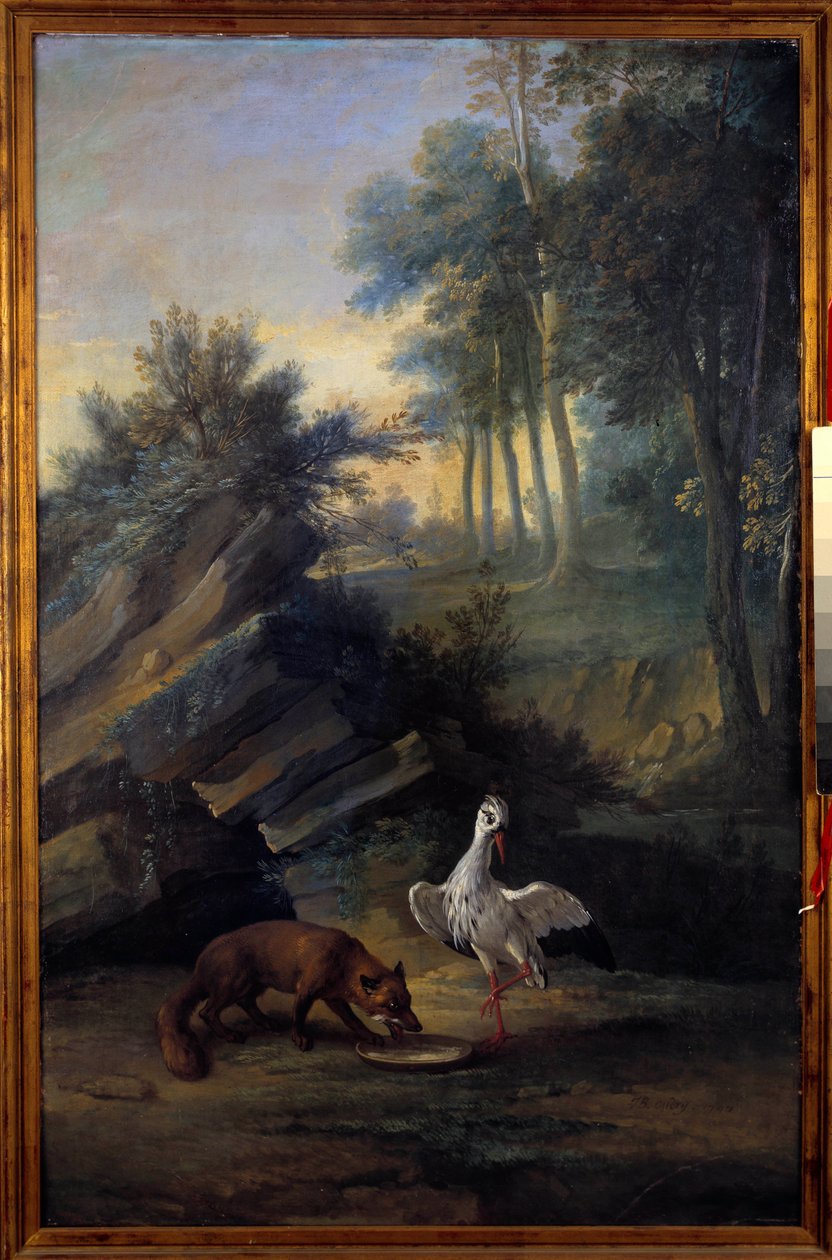 狐狸和鹳鸟。Jean de La Fontaine (1621-1695)的寓言插图。让-巴蒂斯特-乌德里（1686-1755）的画作。 作者 让·巴蒂斯特·奥德里（Jean Baptiste Oudry）