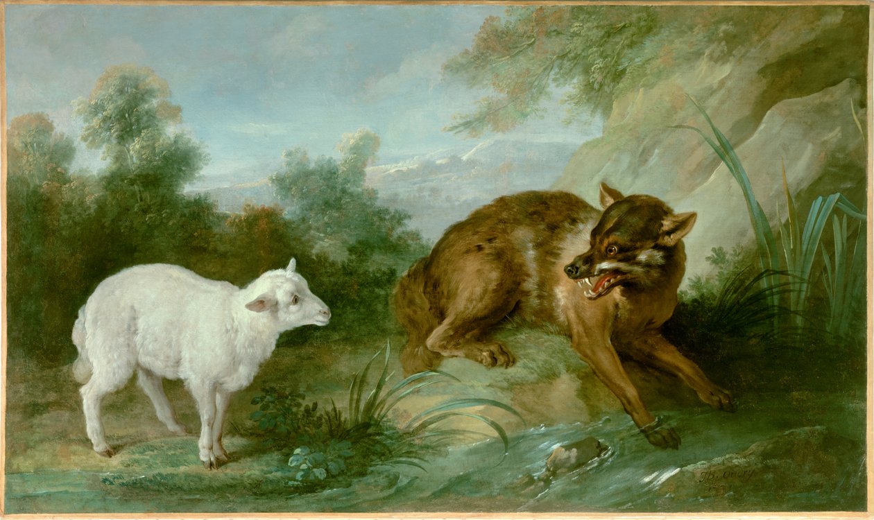 狼和小羊。Jean de La Fontaine (1621-1695)的寓言插图。让-巴蒂斯特-乌德里（1686-1755）的画作。 作者 让·巴蒂斯特·奥德里（Jean Baptiste Oudry）