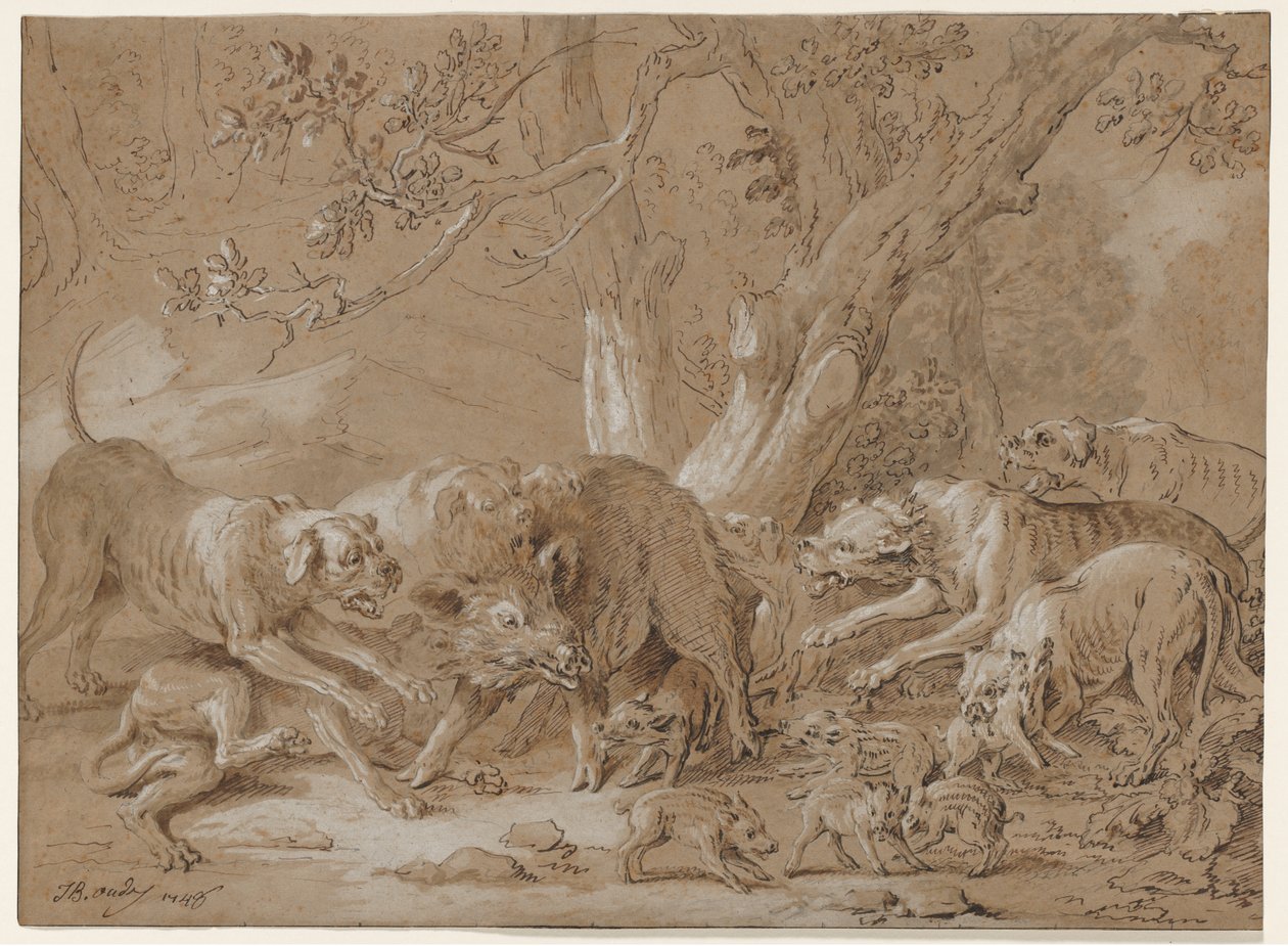 野生母猪和幼崽遭狗袭击 作者 让·巴蒂斯特·奥德里（Jean Baptiste Oudry）
