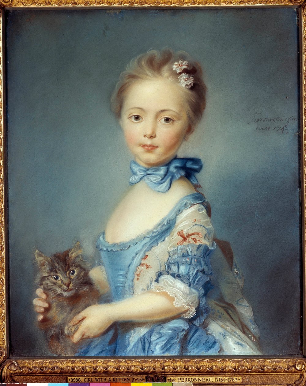 Portrait de la jeune fille au chat Painting au pastel by Jean-Baptiste Perroneau (Jean Baptiste Perronneau) (1715-1783) 作者 让-巴蒂斯特·佩罗诺