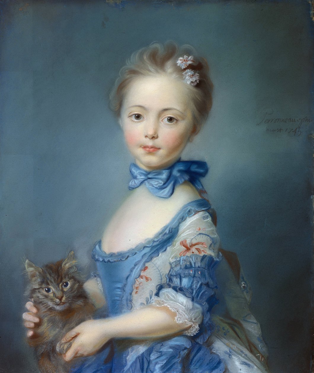 带猫的女孩的肖像“”让-巴蒂斯特·佩罗诺 (Jean Baptiste Perronneau) 的粉彩画 (1715-1783) 作者 让-巴蒂斯特·佩罗诺