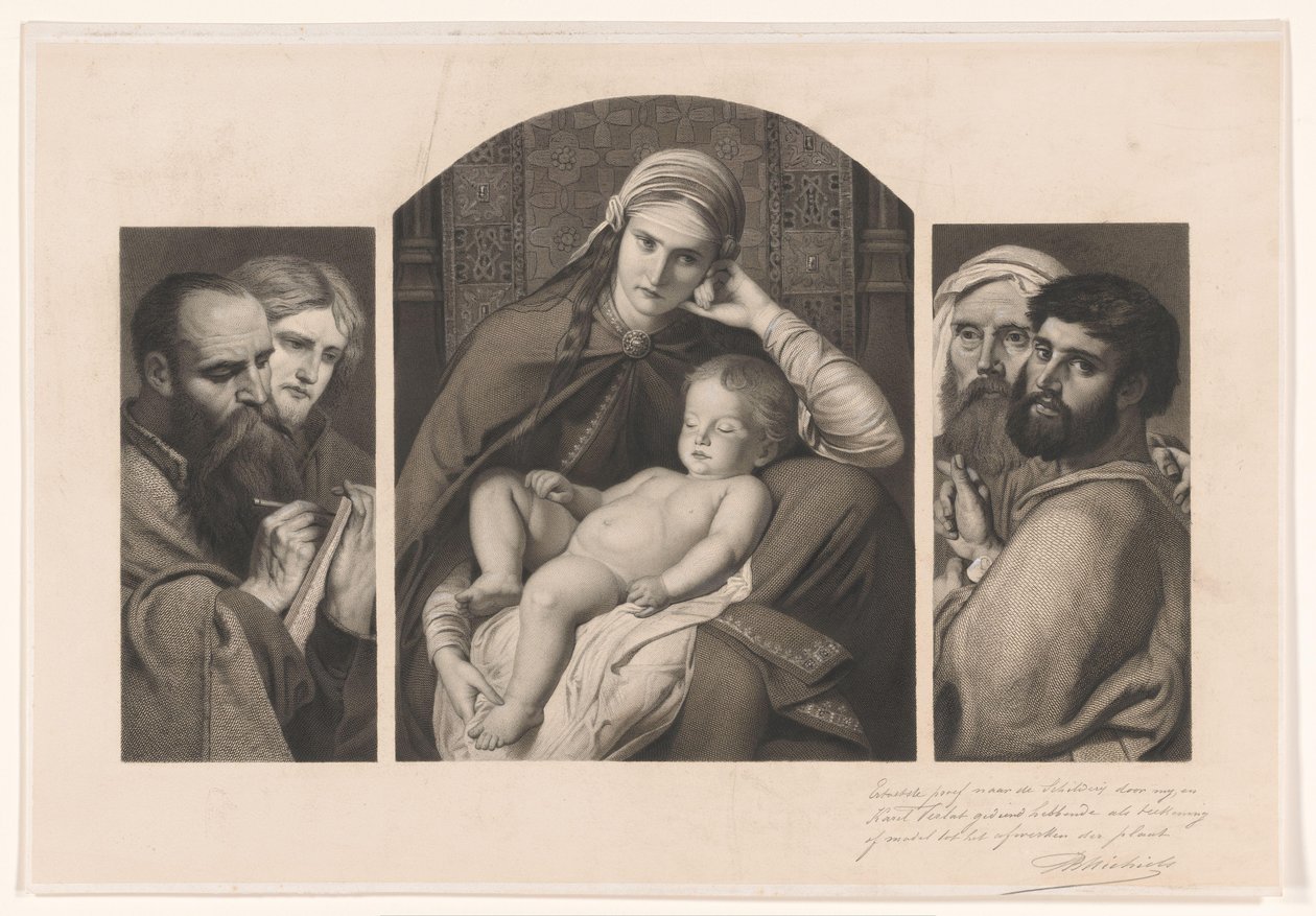 三联画：马利亚与膝上的基督，以及两组两个使徒 作者 Jean Baptiste Pierre Michiels（艺术家签名）