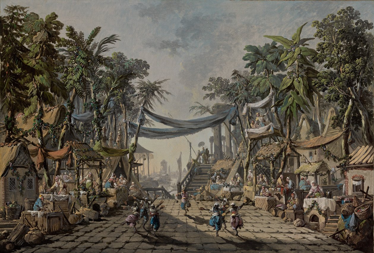 想象中的东方港口的市场场景，约 1764 年（布面油画） 作者 让·巴蒂斯特·皮列曼