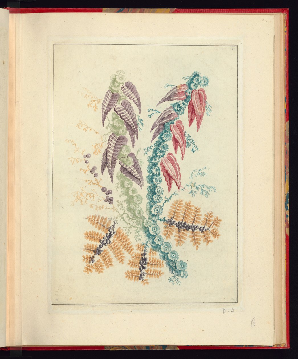 带有三角形紫色和红色叶子的装饰图案，选自《Nouvelle suite de cahiers de flerurs naturelle a l