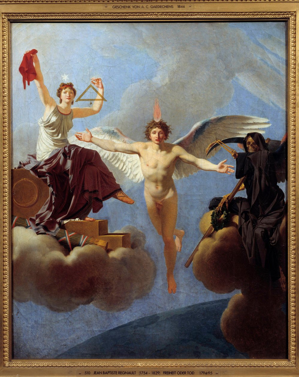 La Liberte ou la Mort Allegorie de la Liberte on the left, covered by the Diademe de la Reason, heritage of the Siecle des Lumieres. With her left hand, she wield the square and the lead wire symbolizing equality in citizenship. It embodies the values of t 作者 让-巴蒂斯特·雷尼奥