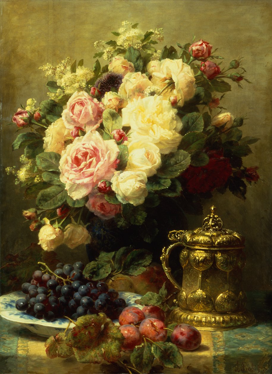 桌上的玫瑰花瓶和酒壶（布面油画） 作者 让·巴蒂斯特·罗比（Jean Baptiste Robie）