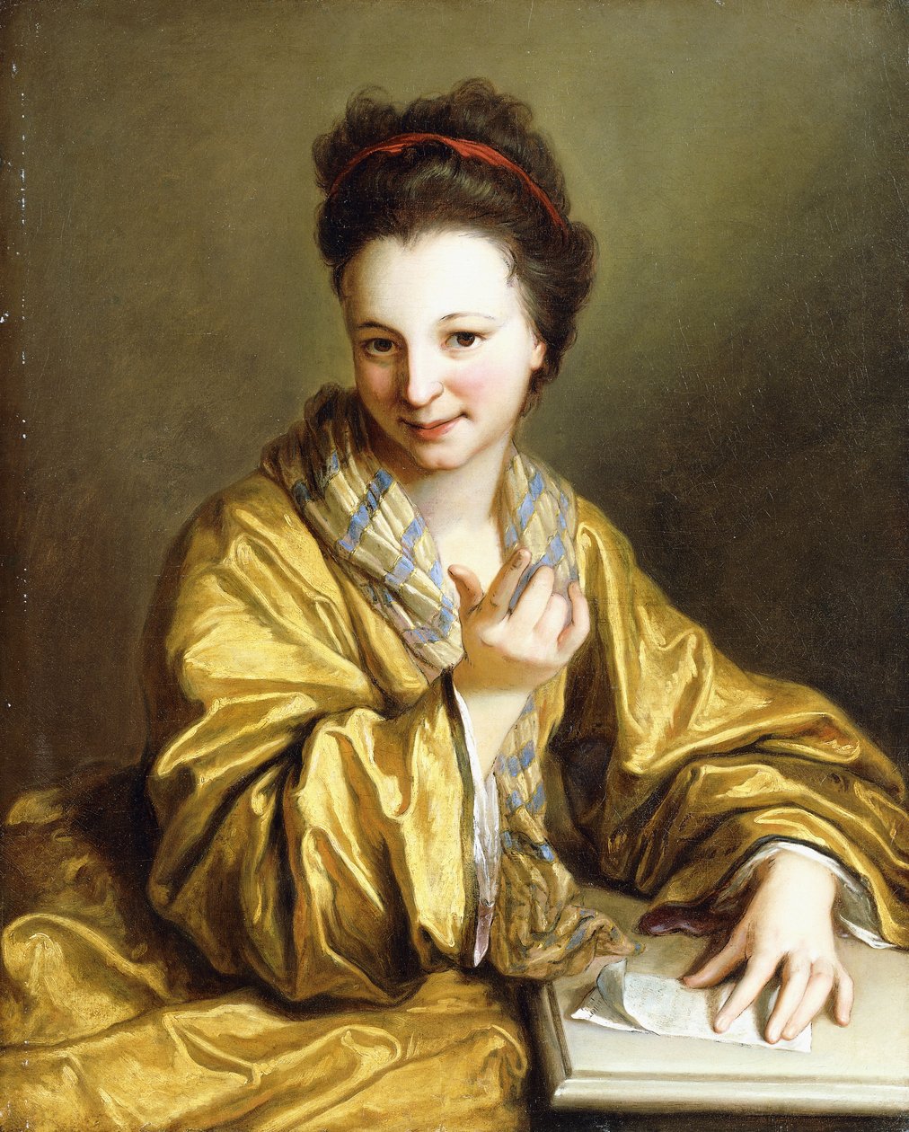 身穿黄色长袍的年轻女士，坐在餐桌旁，招手，1703年 作者 让·巴蒂斯特·桑特尔