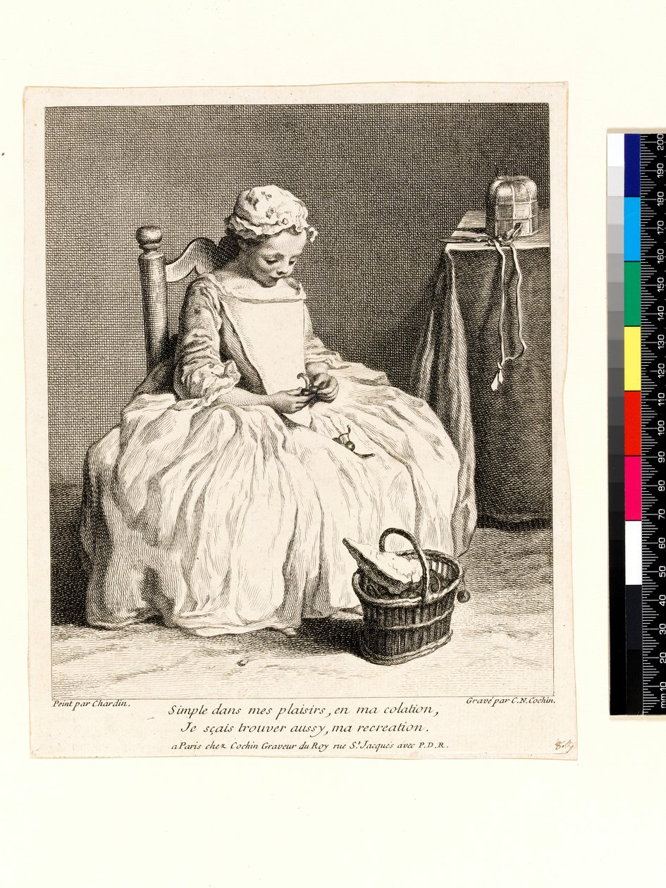 Little girl with her lunch (La Petite Fille aux Cerises) engraved by Charles Nicolas Cochin I (1688-1754) 1738 (etching & engraving) 作者 让·巴蒂斯特·西缅（后）查尔丁