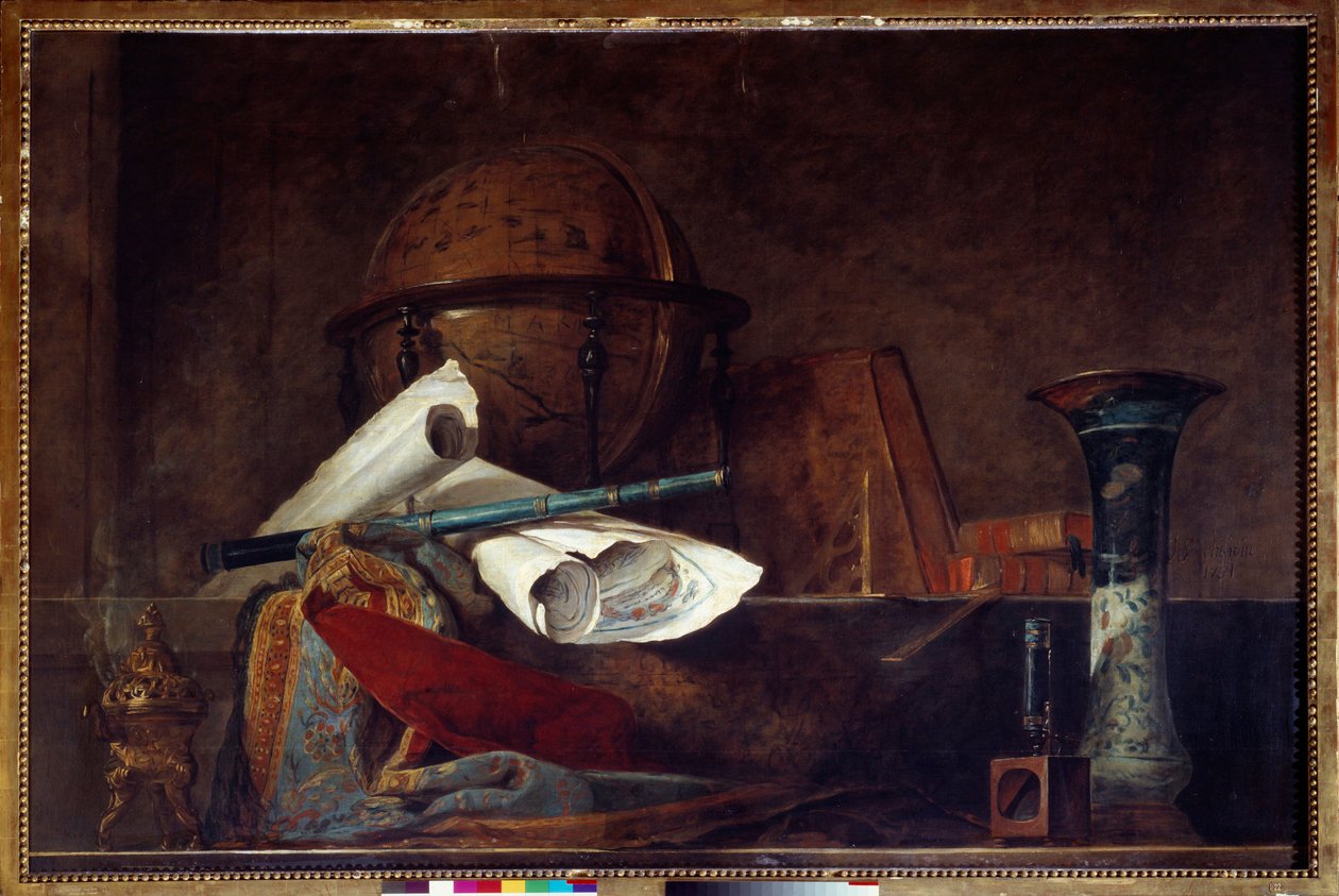 科学寓言 静物、地球仪、地理地图、书籍和花瓶。 Jean Baptiste Simeon Chardin (1699-1779) 的绘画 18 世纪巴黎，Musee Jacquemart Andre 作者 让·巴蒂斯特·西蒙·查尔丁