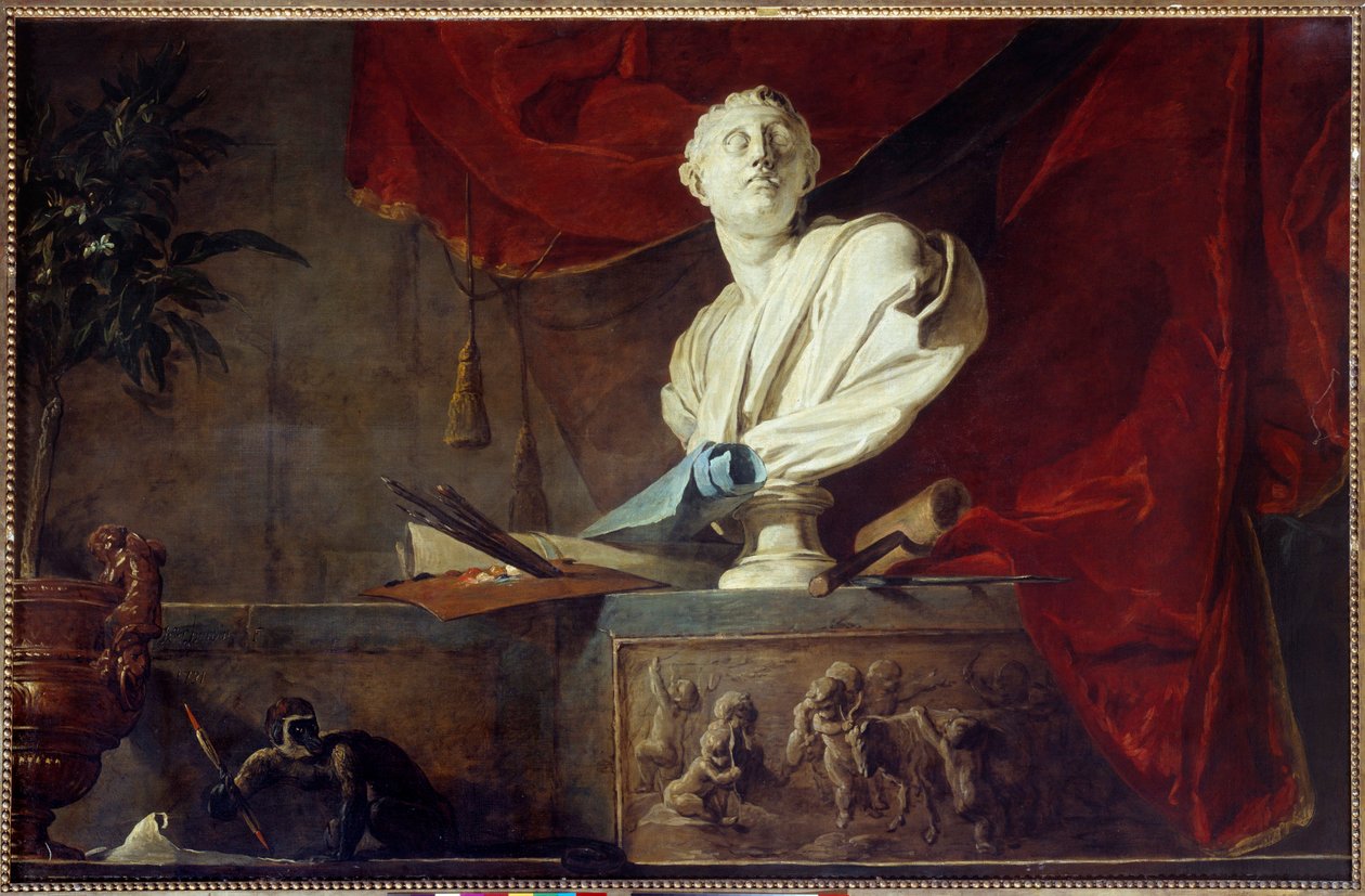 艺术寓言 静物雕刻的半身像、调色板和画笔、帆布、滚筒。 Jean Baptiste Simeon Chardin (1699-1779) 的绘画 18 世纪巴黎，Musee Jacquemart Andre 作者 让·巴蒂斯特·西蒙·查尔丁