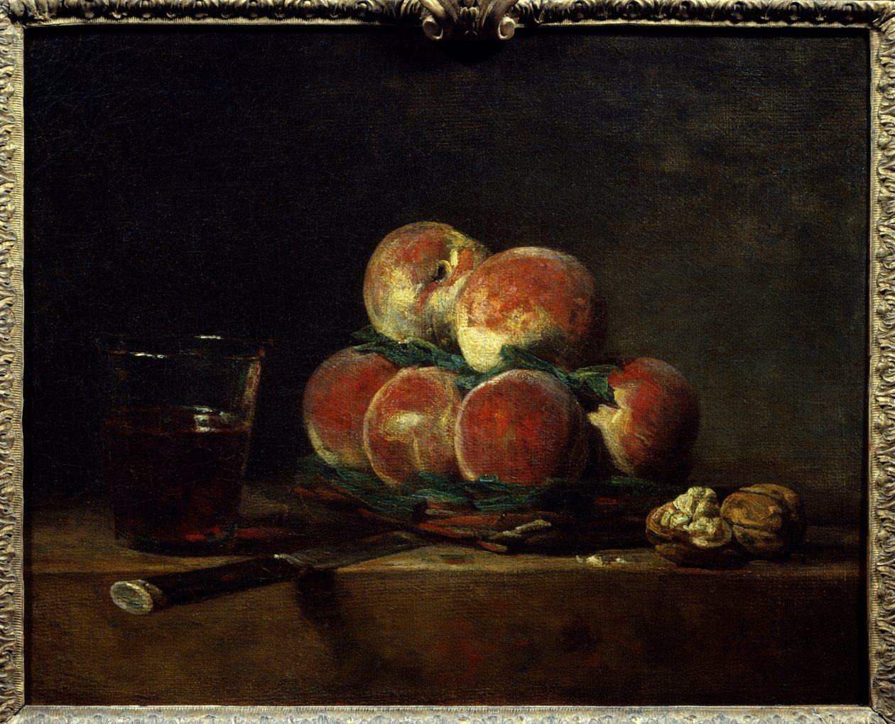 装有坚果、刀和一杯酒的桃子篮子 Jean Baptiste Simeon Chardin (1699-1779) 1768 年的绘画昏暗。 0,32x0,39 m 巴黎，卢浮宫 作者 让·巴蒂斯特·西蒙·查尔丁