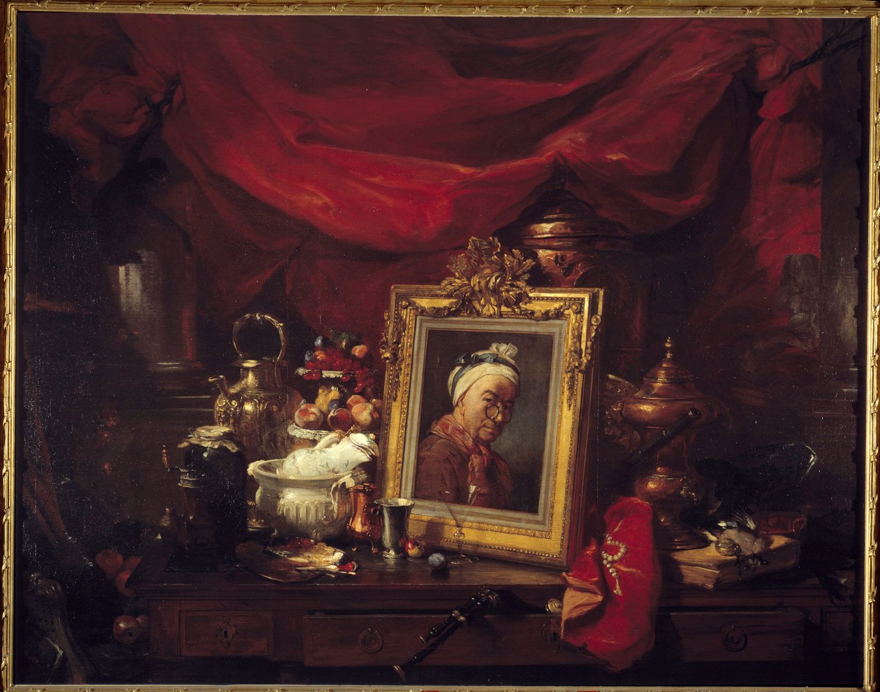 Chardin 和他的模特。 数组中的表 (abyme)。 一幅描绘让·巴蒂斯特·西蒙·夏尔丹（Jean Baptiste Simeon Chardin，1699-1779）的画围绕着静物画。 Philippe Rousseau (1816-1887) 1867 年作画 1,77x2,26 m 巴黎，奥赛博物馆 作者 让·巴蒂斯特·西蒙·查尔丁