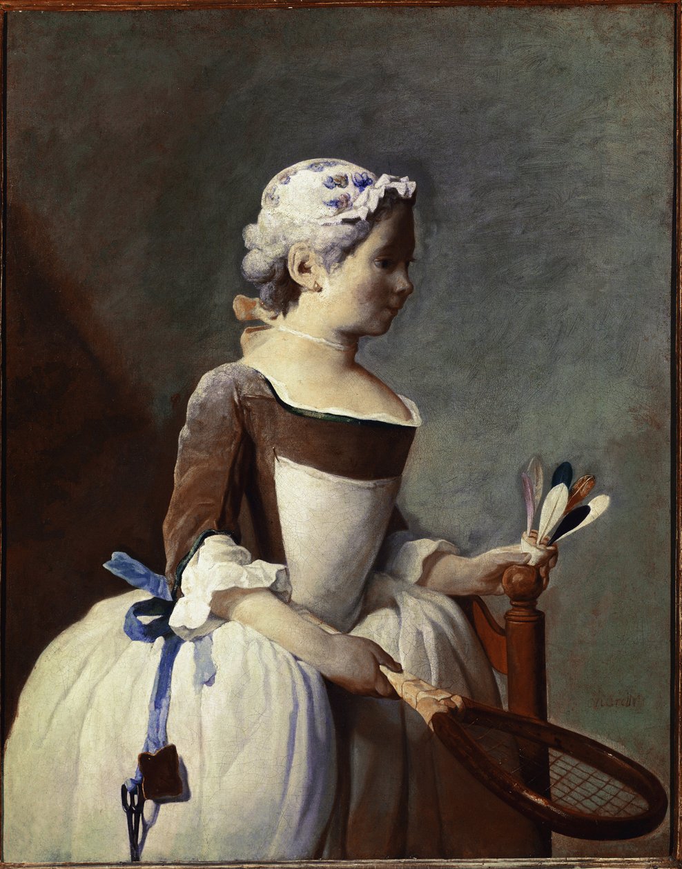 拿着球拍和毽子的女孩（布面油画，约1737年 作者 让·巴蒂斯特·西蒙·查尔丁