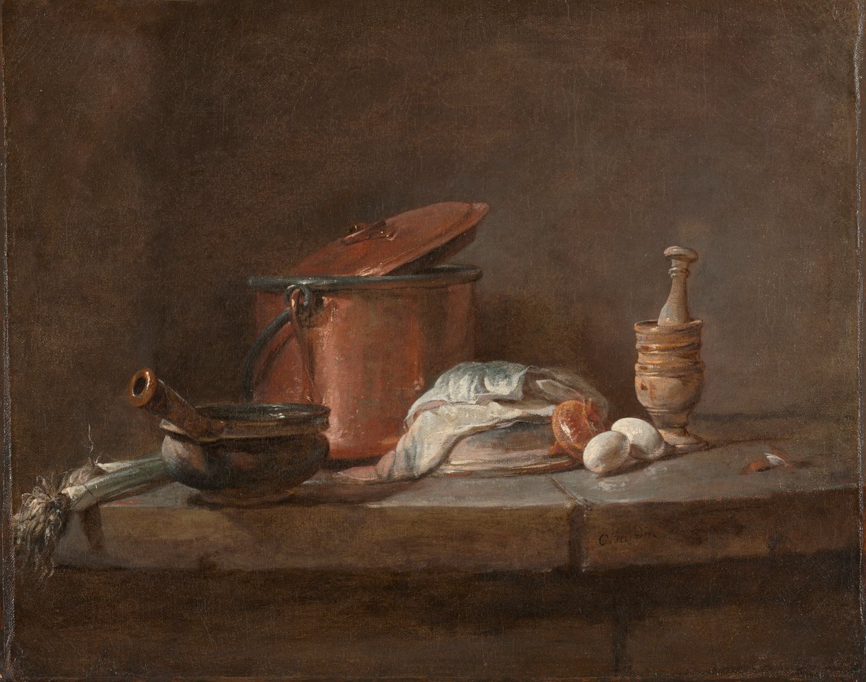 韭菜，鱼和鸡蛋的厨房用具c。 1734。 作者 让·巴蒂斯特·西蒙·查尔丁