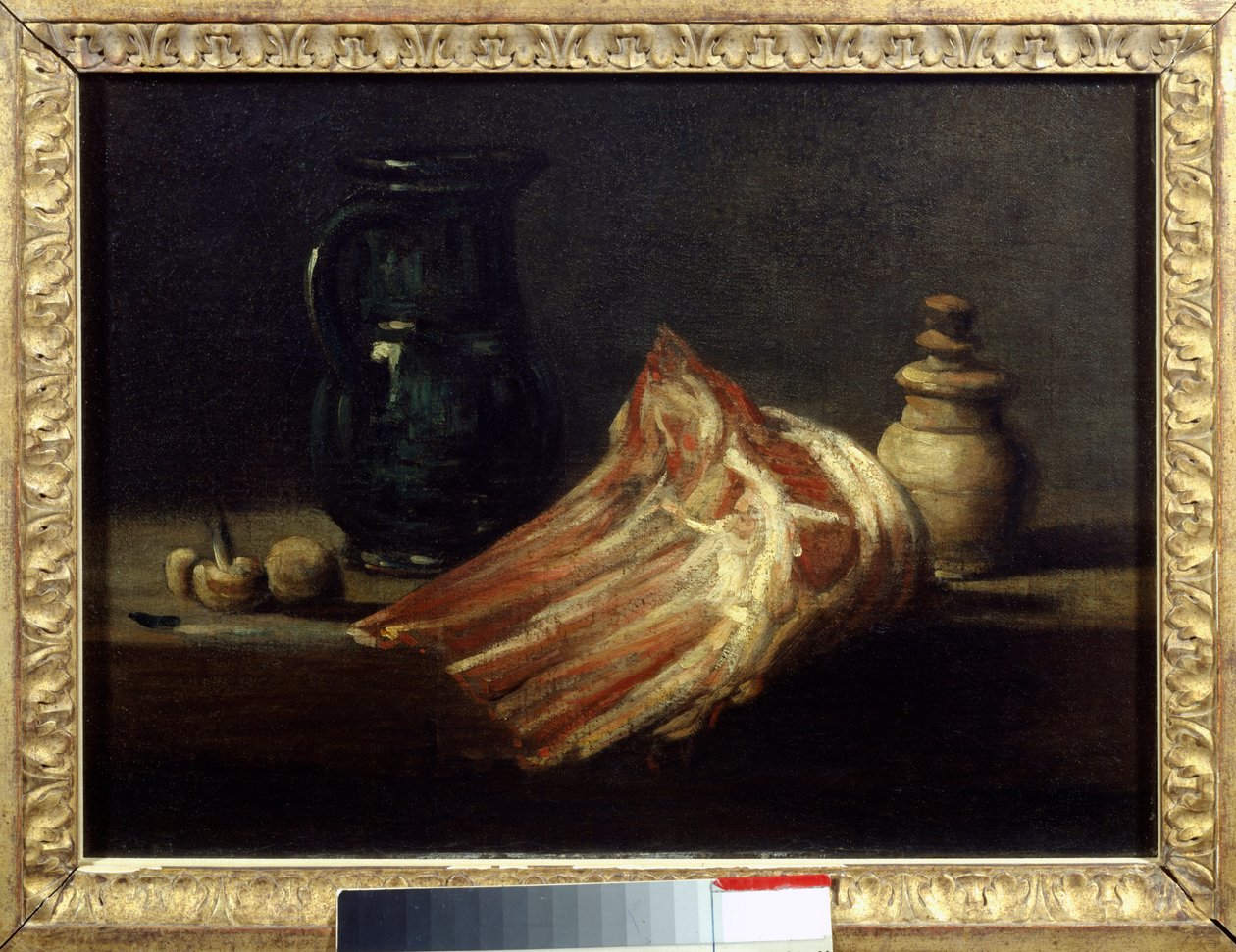 厨房用的桌子和餐具与羊正方形。 Jean Baptiste Simeon Chardin的绘画 作者 让·巴蒂斯特·西蒙·查尔丁