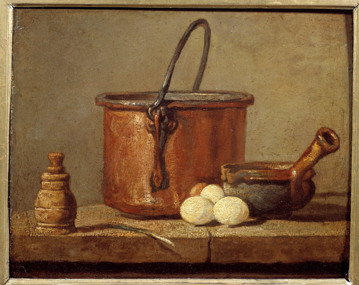 厨房用具、大锅、poelon 和鸡蛋 Jean baptiste Simeon Chardin (1699-1779) 绘画 18 世纪太阳。 0,21 x 0,17 米 作者 让·巴蒂斯特·西蒙·查尔丁