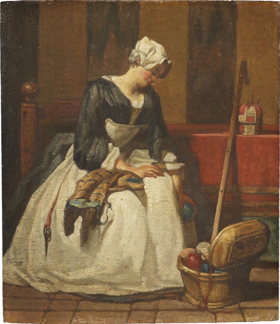 La brodeuse - The Embroideress，作者 Chardin, Jean Baptiste Simeon (1699-1779)。 木头上的油。 尺寸：19x16.5 厘米。 斯德哥尔摩国家博物馆 作者 让·巴蒂斯特·西蒙·查尔丁