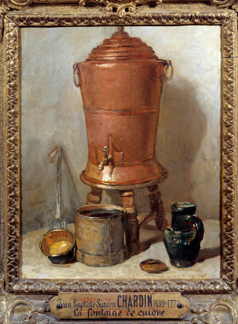 让·巴蒂斯特·西蒙·夏尔丹 (Jean Baptiste Simeon Chardin) (1699-1779) 1733 年创作的《铜制喷泉》。 0,28x0,23 m - 铜饮水机。 Jean Baptiste Simeon Chardin (1699-1779) 的绘画 作者 让·巴蒂斯特·西蒙·查尔丁
