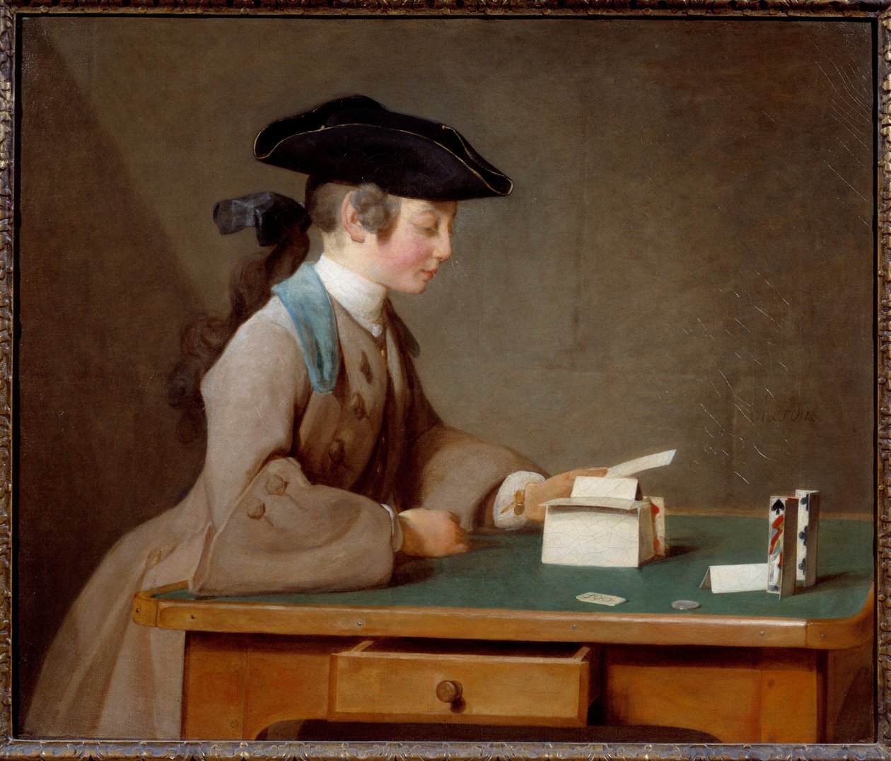 Le chateau de cartes ou le son de monsieur Le Noir 画作：Jean Baptiste Simeon Chardin (1699-1779) 1737年 太阳。0,6x0,71米 伦敦，国家画廊 - 纸牌屋（或诺尔先生的儿子） - 让-巴蒂斯特-西门-夏尔丹（1699-1779）的绘画，油彩。 作者 让·巴蒂斯特·西蒙·查尔丁