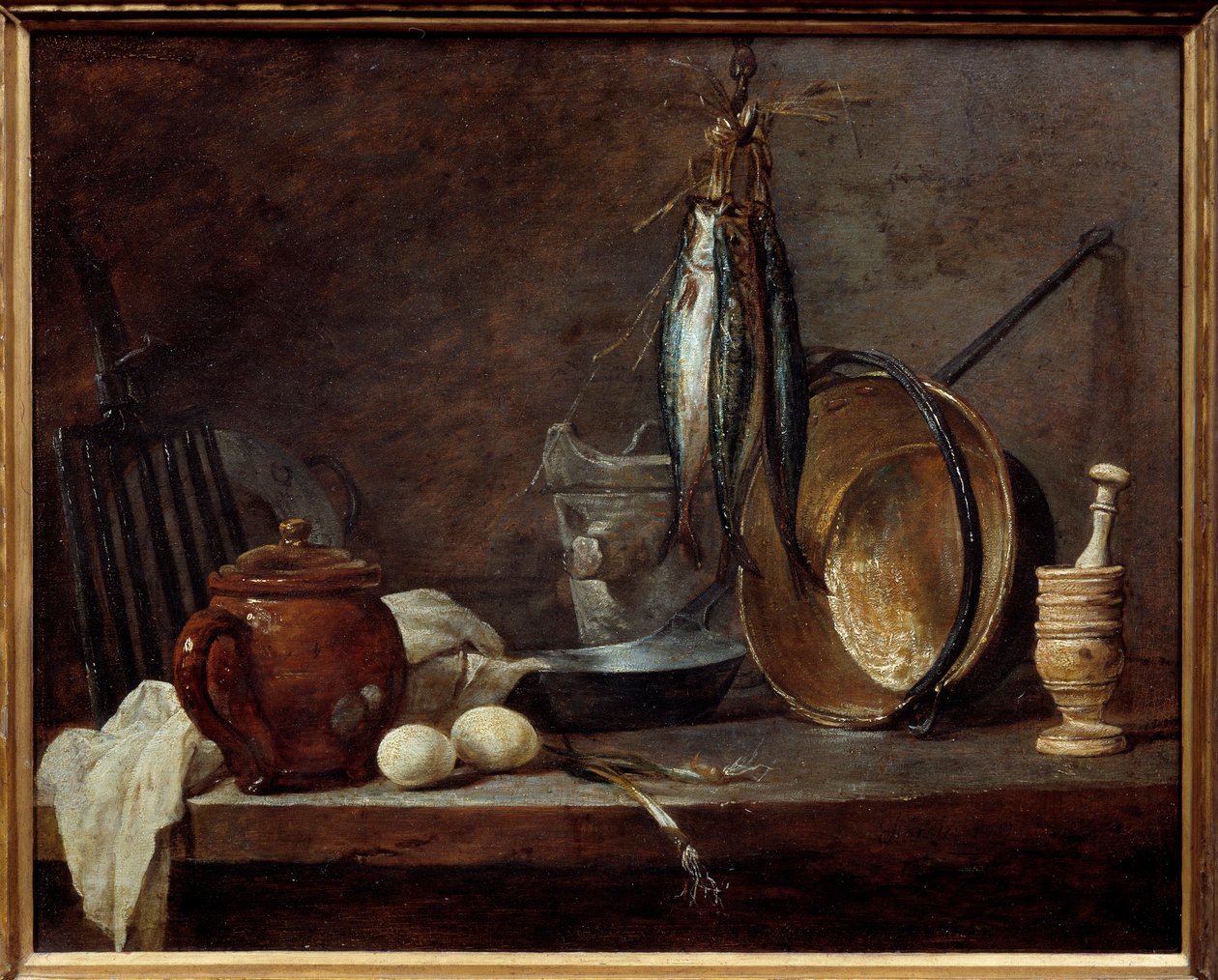 Menu of lean and kitchen utensils. Still life. Painting by Jean Baptiste Simeon Chardin (1699-1779) 作者 让·巴蒂斯特·西蒙·查尔丁