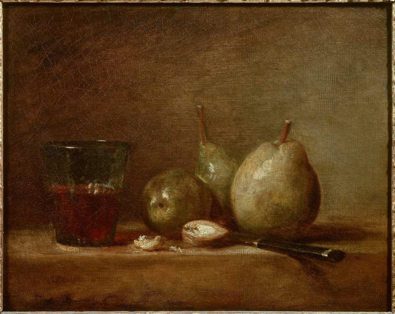 梨、 坚果和一杯酒。 静物。 Jean Baptiste Simeon Chardin (1699-1779) 的绘画 作者 让·巴蒂斯特·西蒙·查尔丁