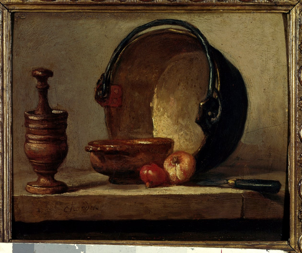 铜 chaudon 静物与研钵和洋葱。 Jean Baptiste Simeon Chardin (1699-1779) 的绘画 1732 年巴黎，干邑博物馆 Jay 作者 让·巴蒂斯特·西蒙·查尔丁